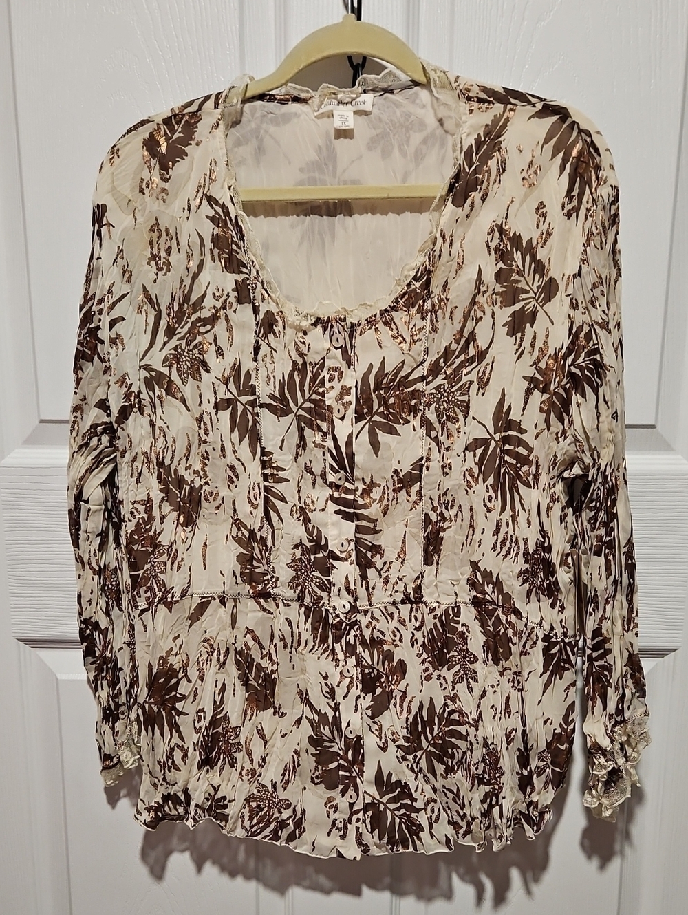 Coldwater Creek Cream Blouse with Brown Floral Print